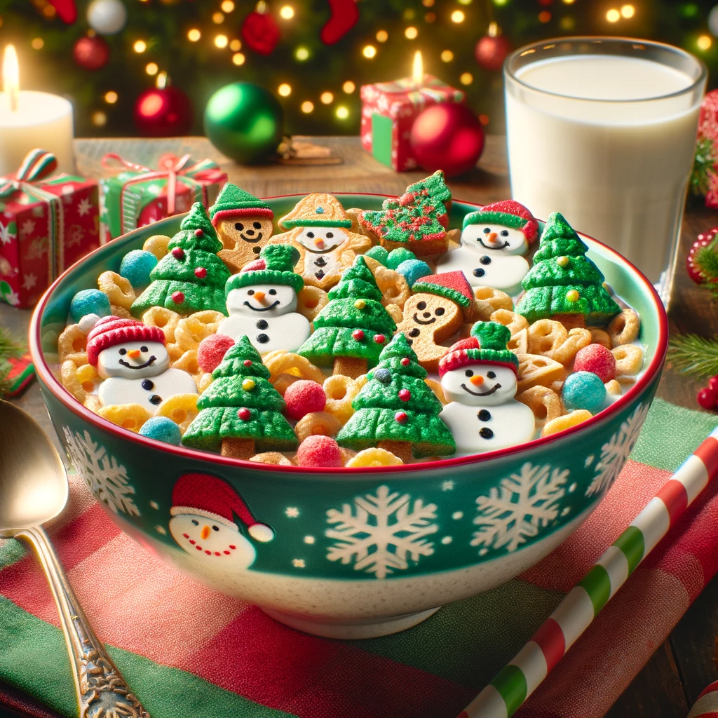 A Bowl of Christmas Cereal with Snowmen and Trees