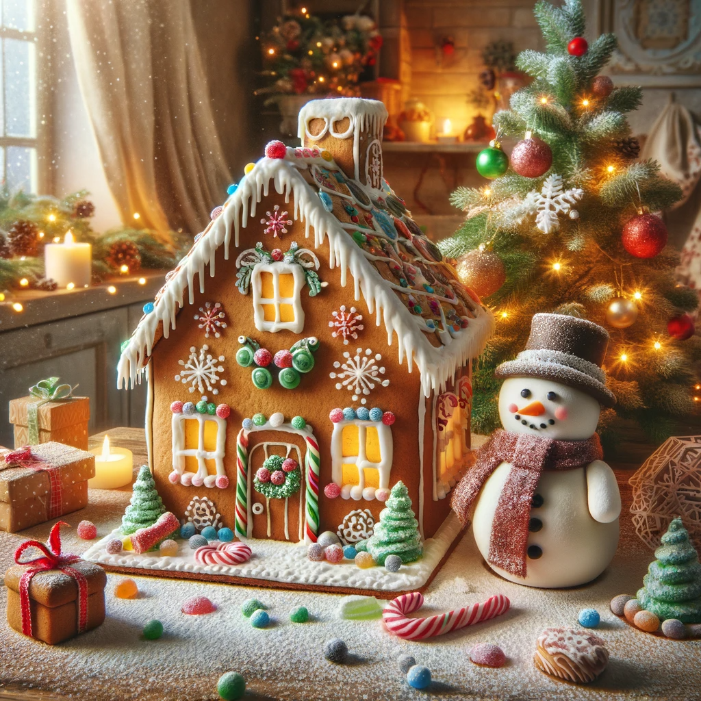 A Christmas Gingerbread House with Snowman