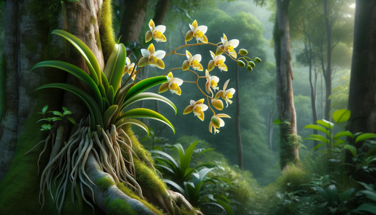 A Dendrobium orchid growing on a tree branch in a forest