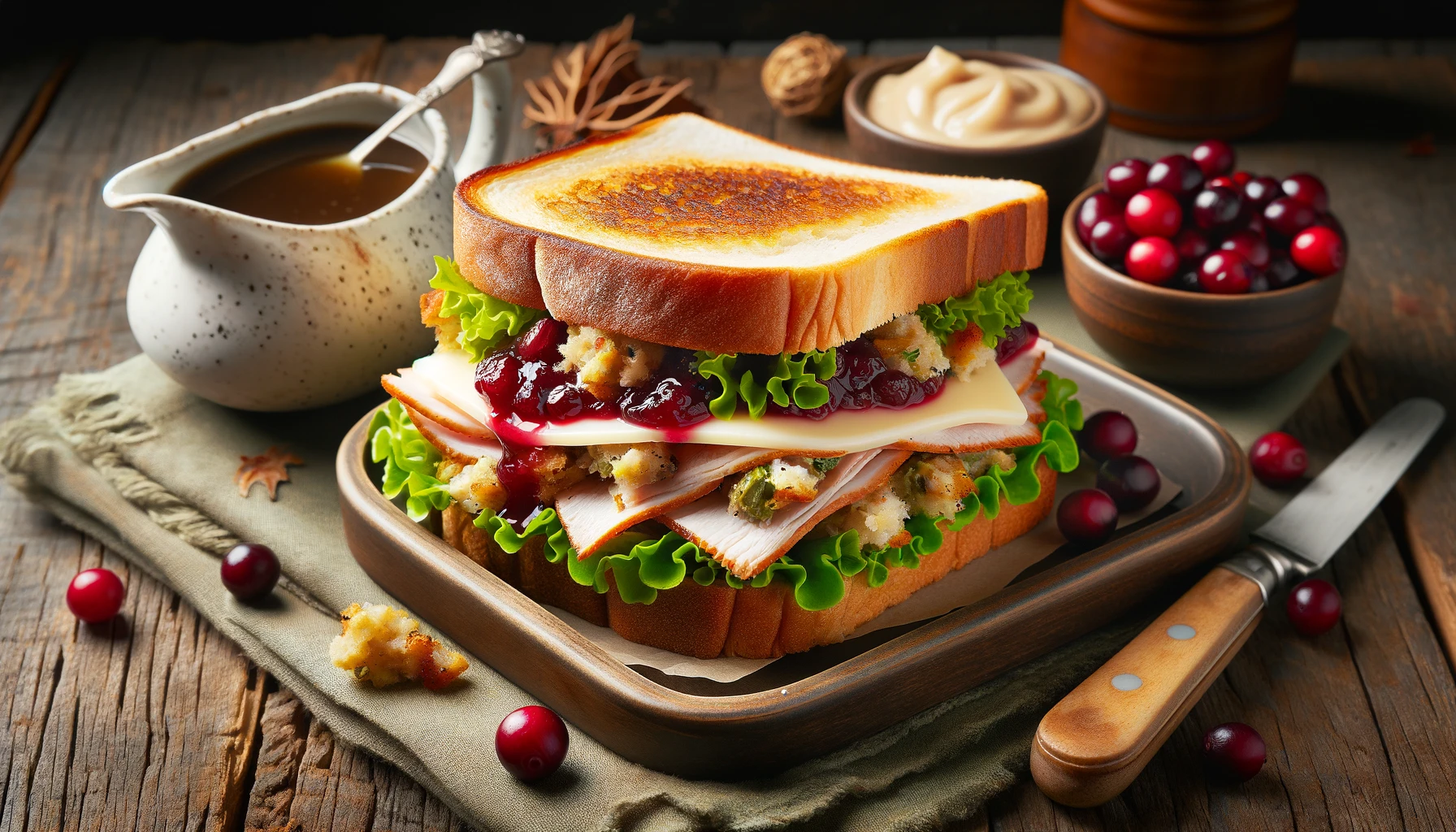 A Hearty Leftover Turkey Sandwich with Stuffing and Cranberries