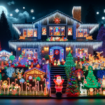 Christmas Lights and Santa Sleigh on House at Night – FREE Image Download