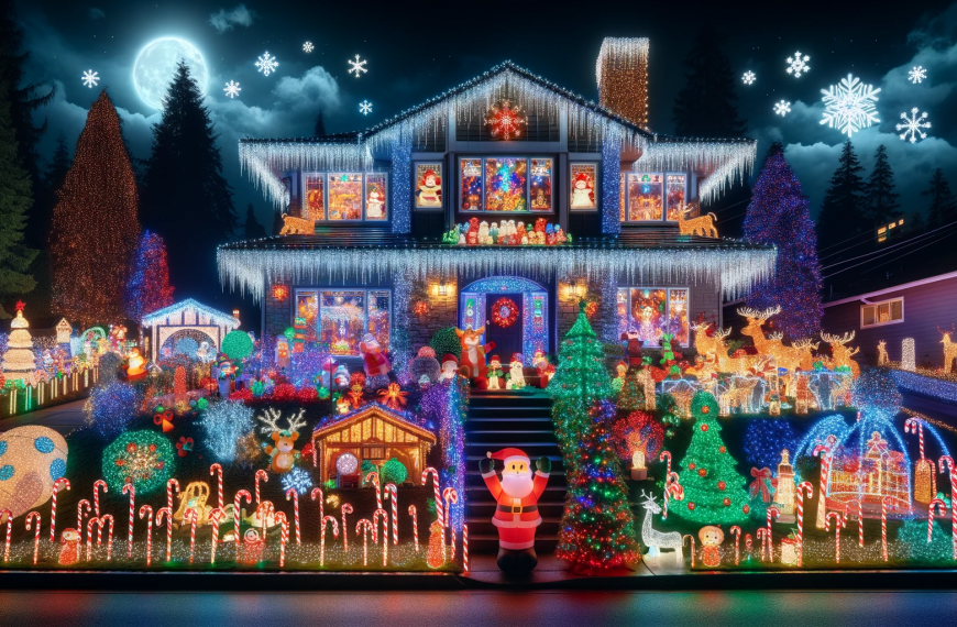 A House Decorated With with Christmas Lights Full Moon