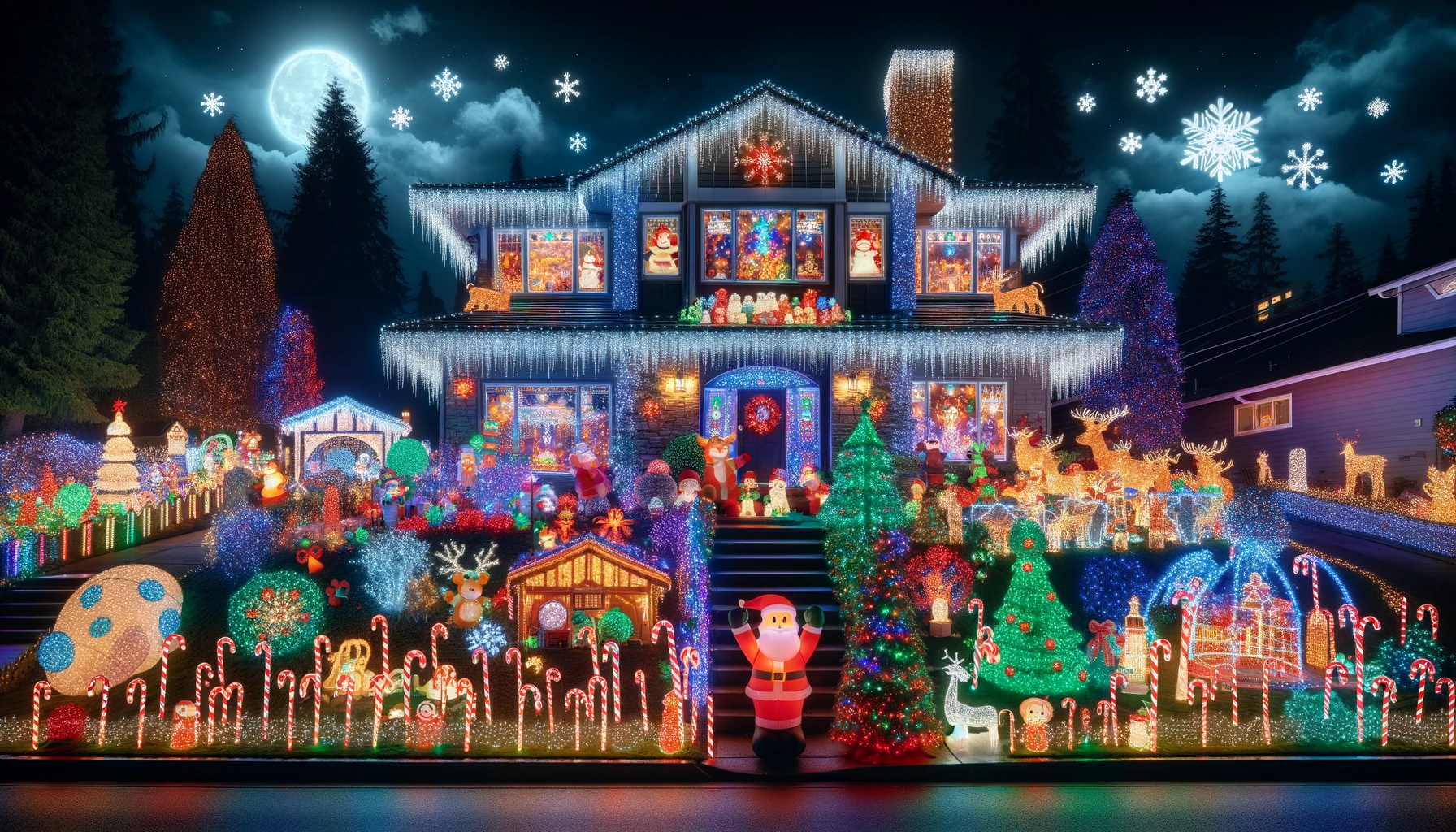 A House Decorated With with Christmas Lights Full Moon