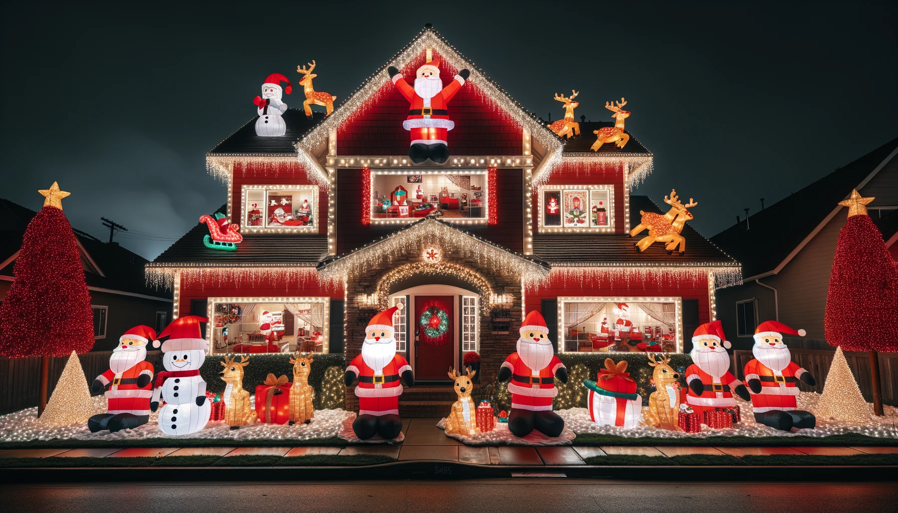 A House Decorated with Christmas Lights and Santa Claus