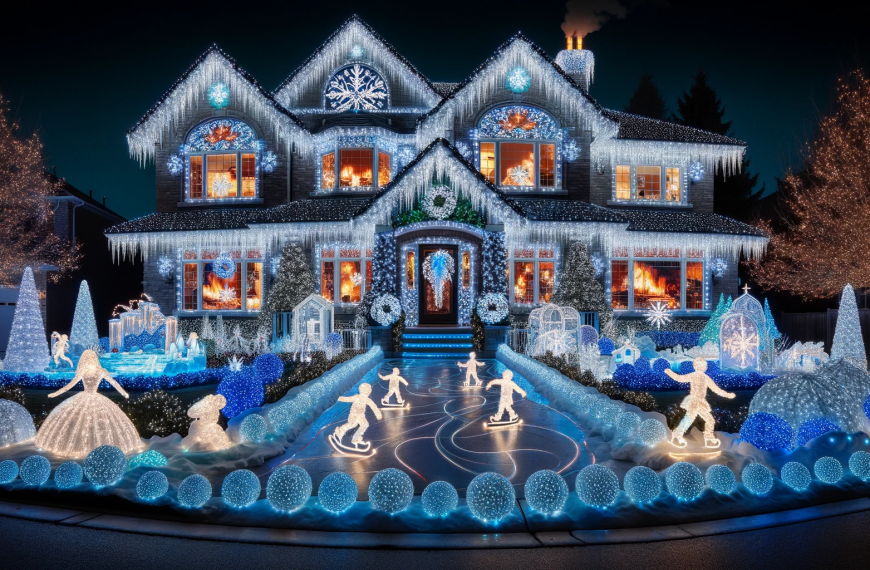 A House Decorated with Snow Themed Christmas Lights