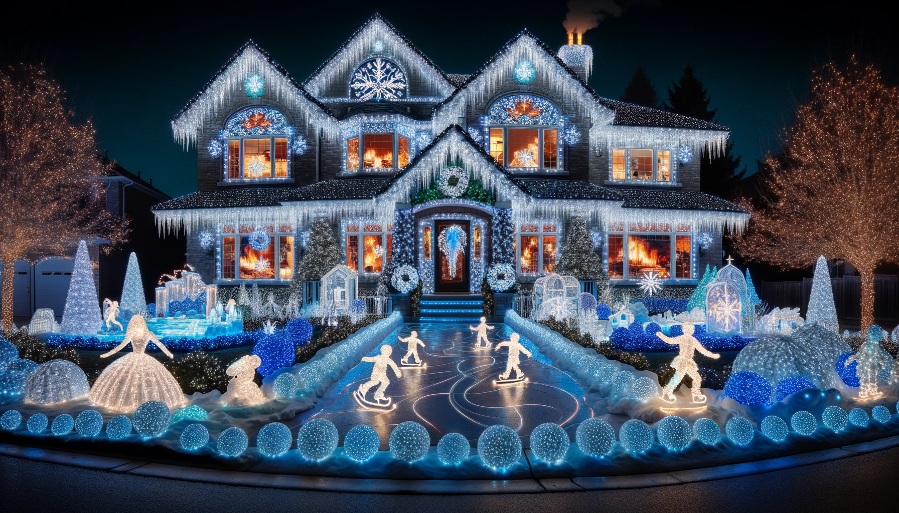 A House Decorated with Snow Themed Christmas Lights