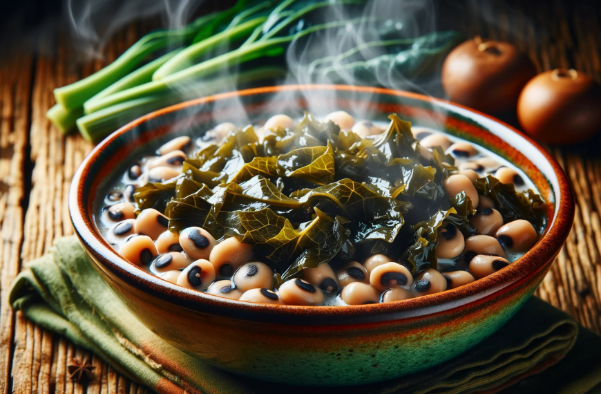 A close up image of a bowl filled with Black Eyed Peas and Collard Greens