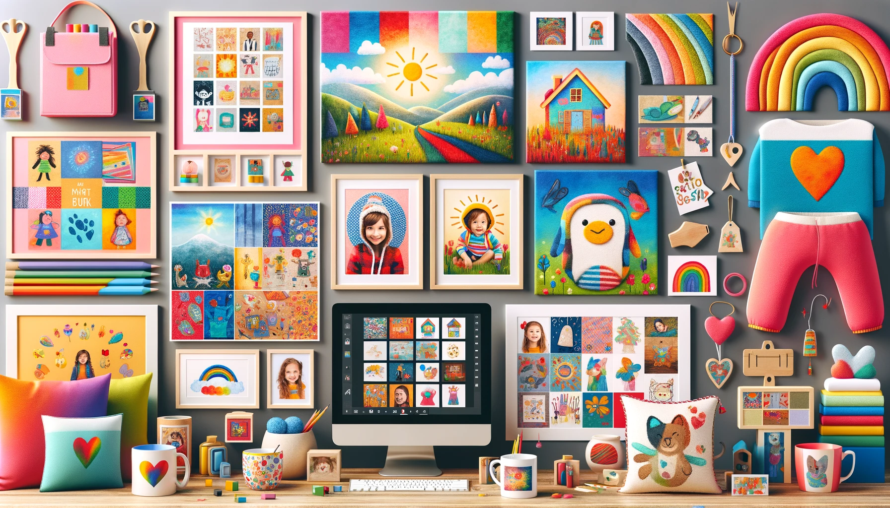 A collage of creative ways to display children's artwork.