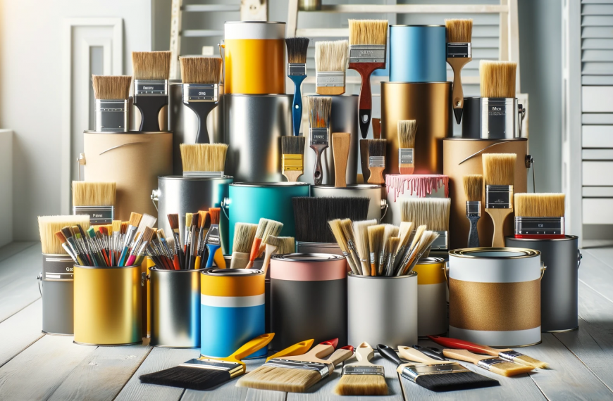 A selection of paints and brushes in a room