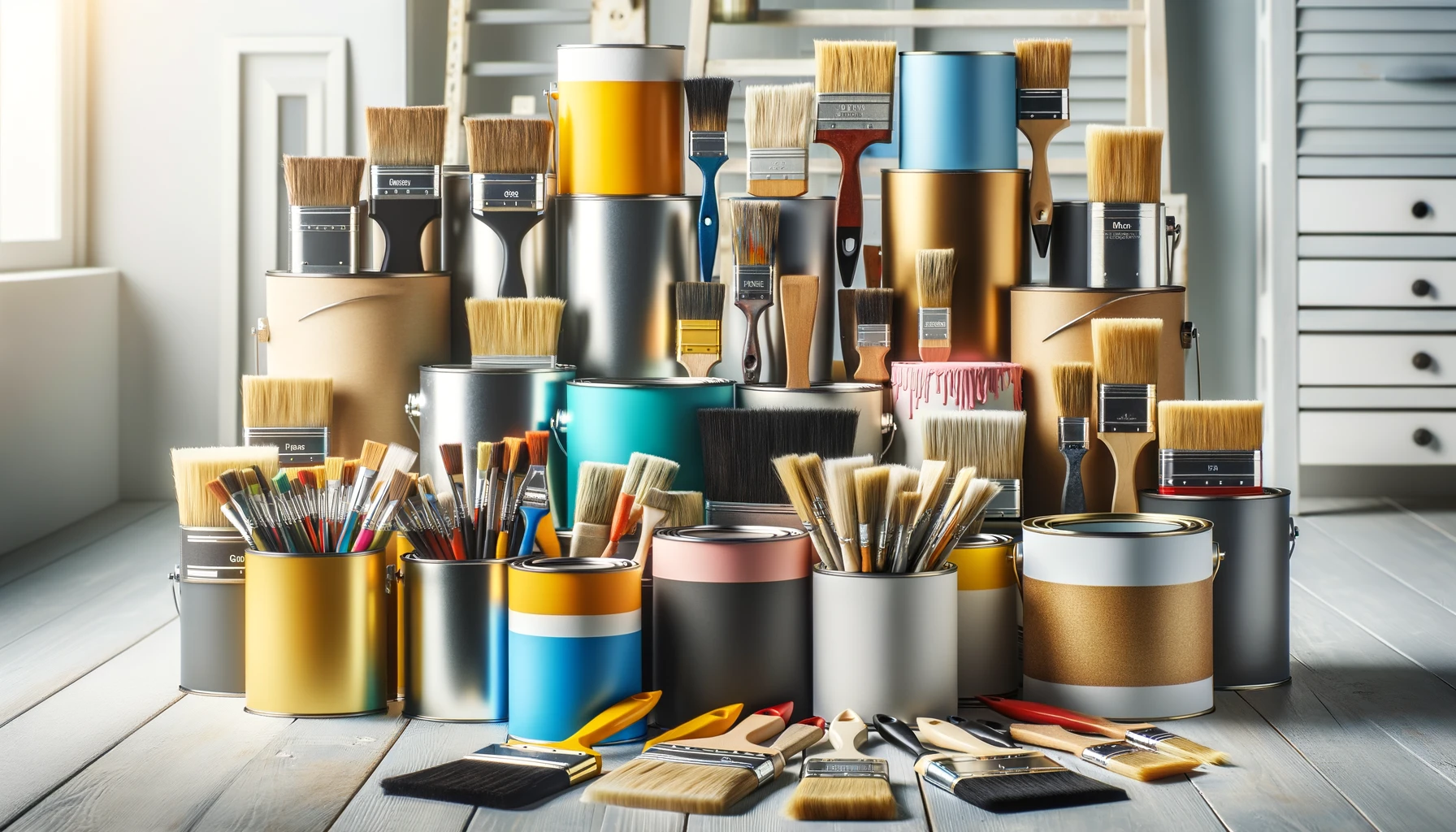 A selection of paints and brushes in a room