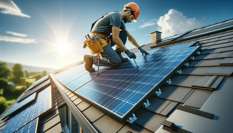 A solar panel being installed on a roof.