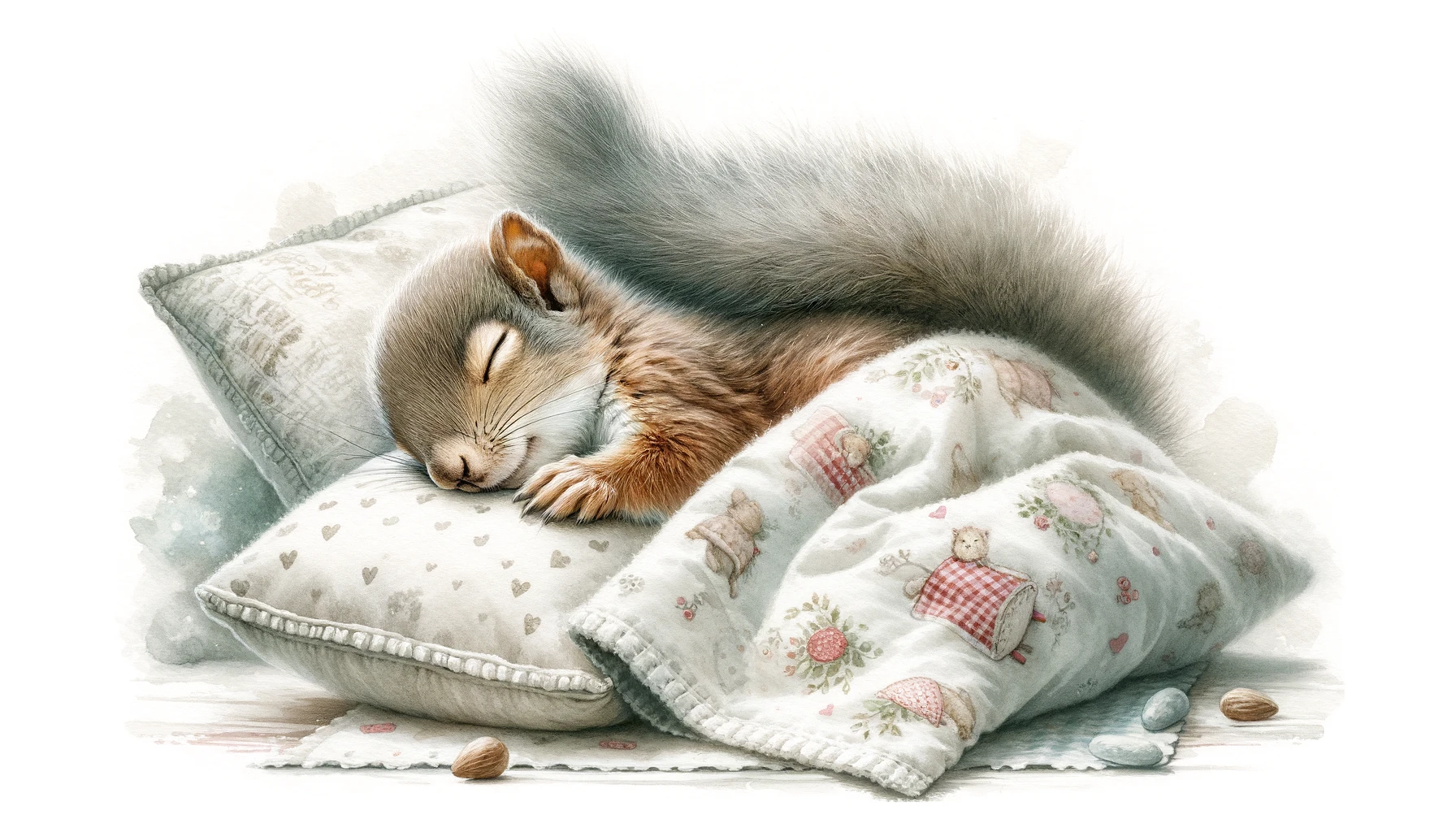 A watercolor painting of a baby squirrel sleeping