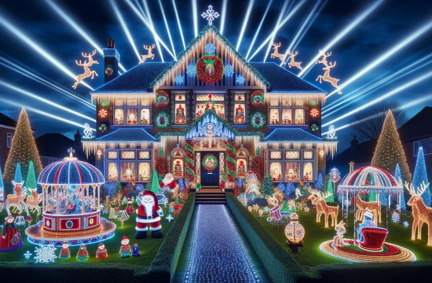 An Elaborately Decorated House with Christmas Lights