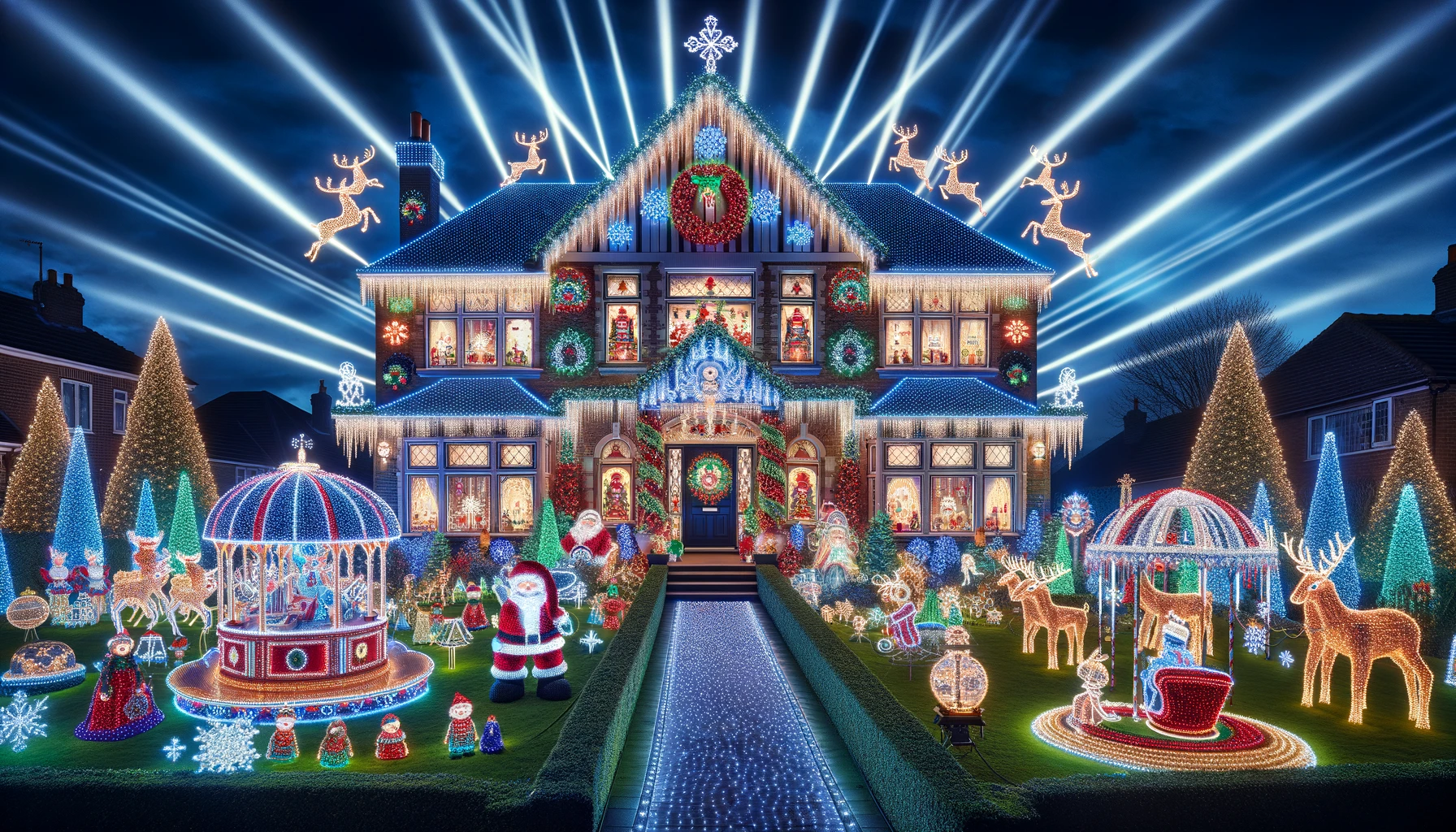 An Elaborately Decorated House with Christmas Lights