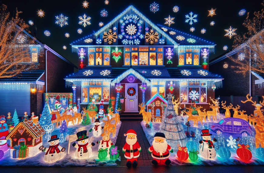 Brilliantly Decorated Christmas House at Night