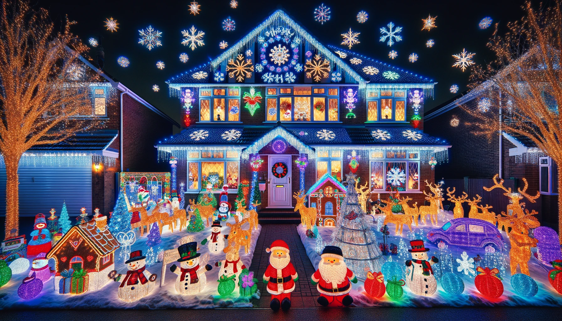 Brilliantly Decorated Christmas House at Night