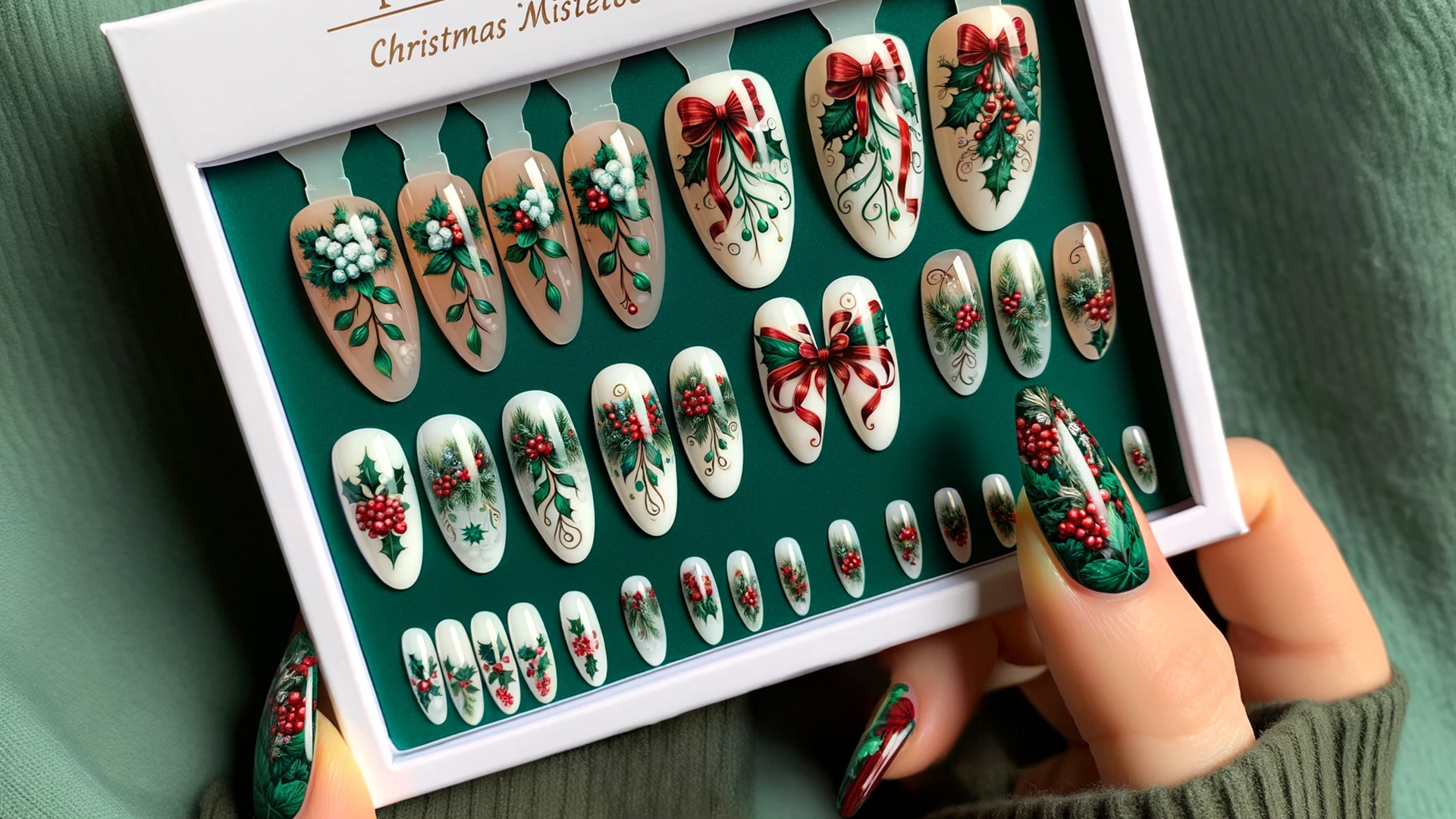 Mistletoe Holly Christmas Acrylic Nails Packaged