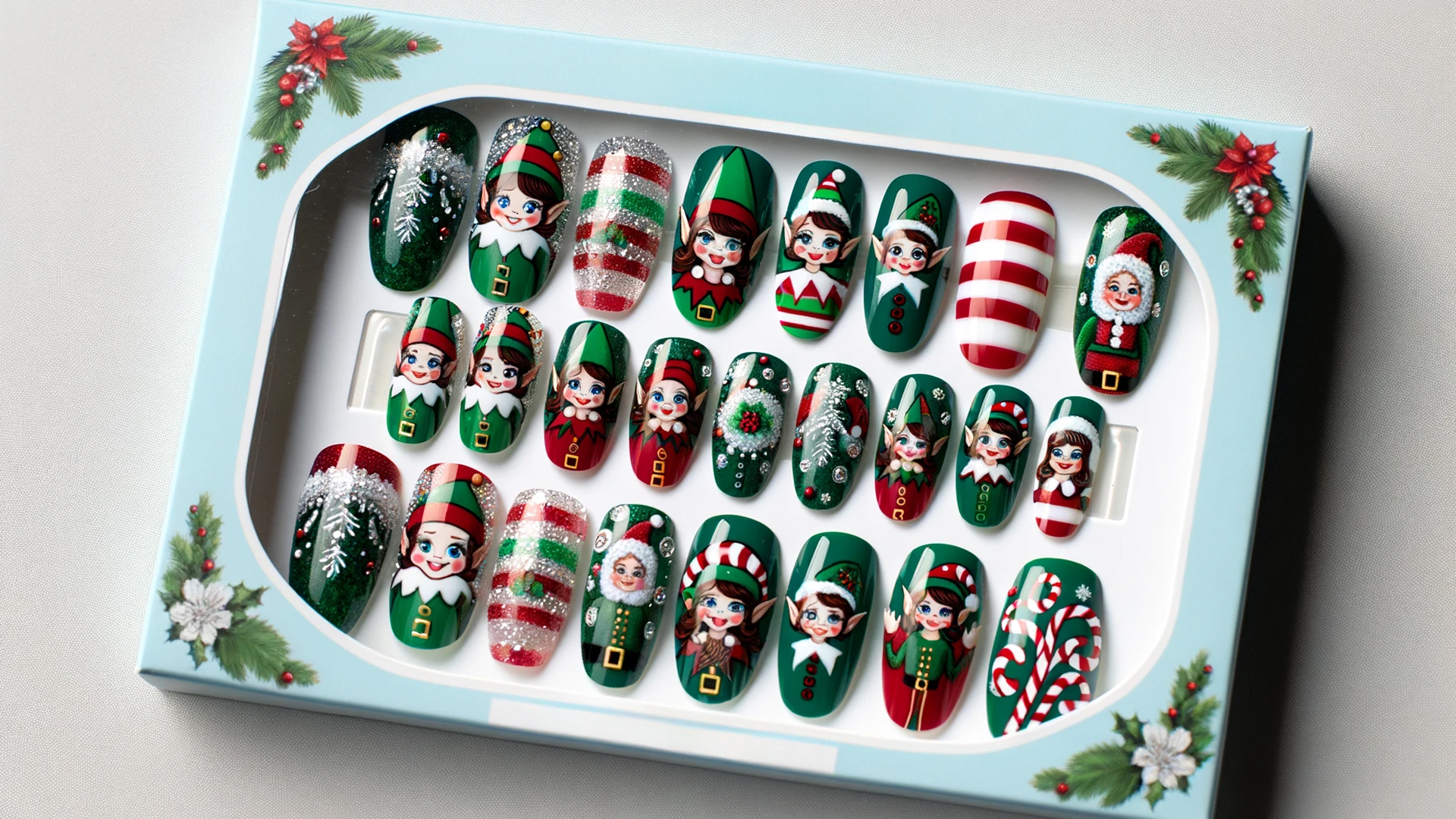 Christmas Elf Acrylic Nails Candy Cane Packaged Nail Art