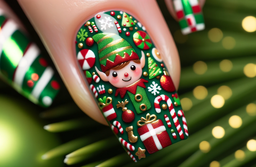 Christmas Elf Present Candy Nail Art