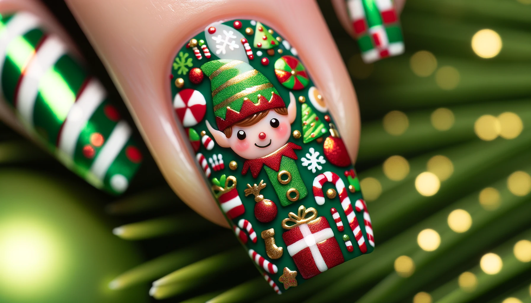 Christmas Elf Present Candy Nail Art