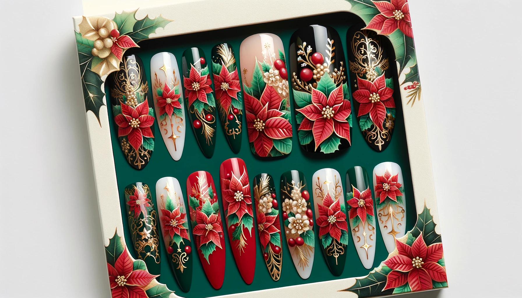 Christmas Fake Nails Poinsettia Packaged