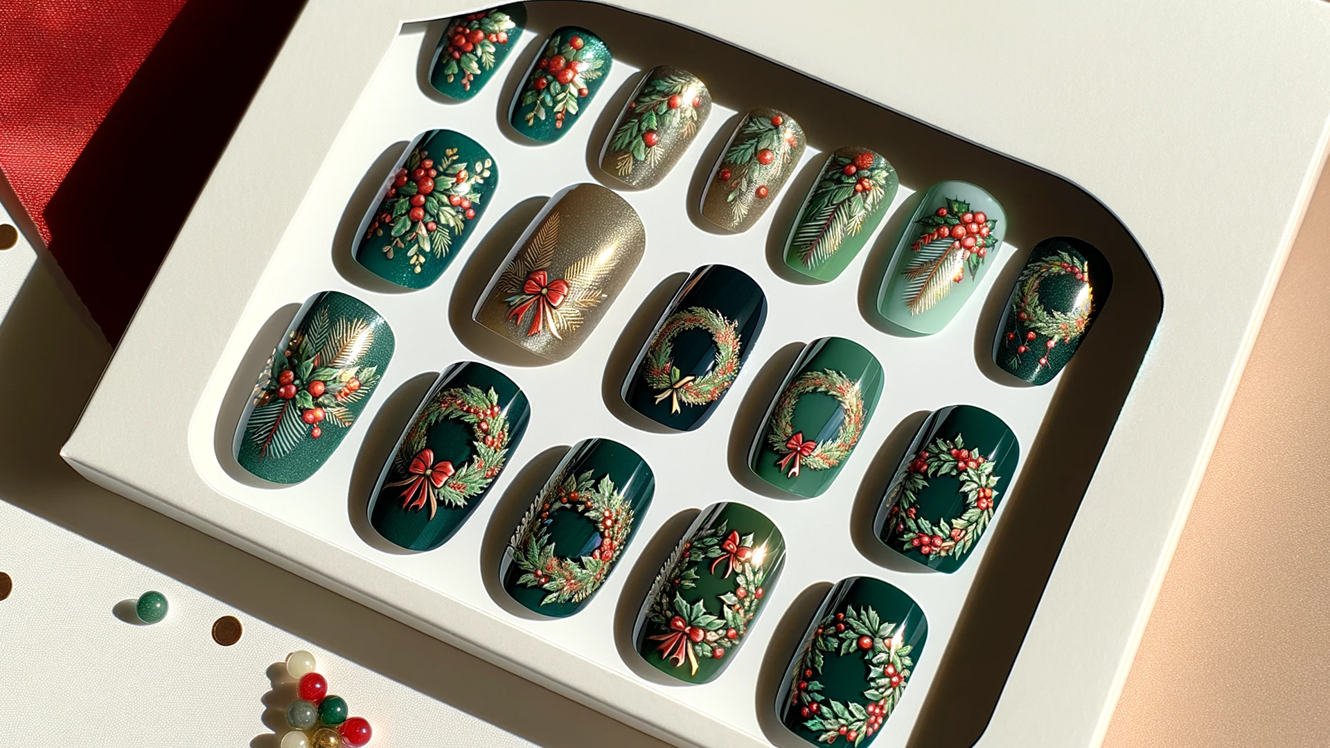 Christmas Holly Wreaths Acrylic Nail Art Packaged