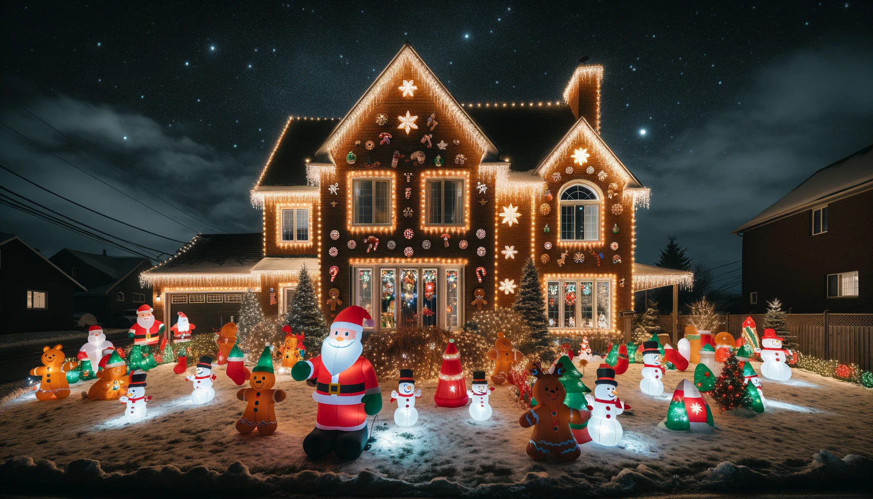 Christmas Lights House Santa Decorations Snow