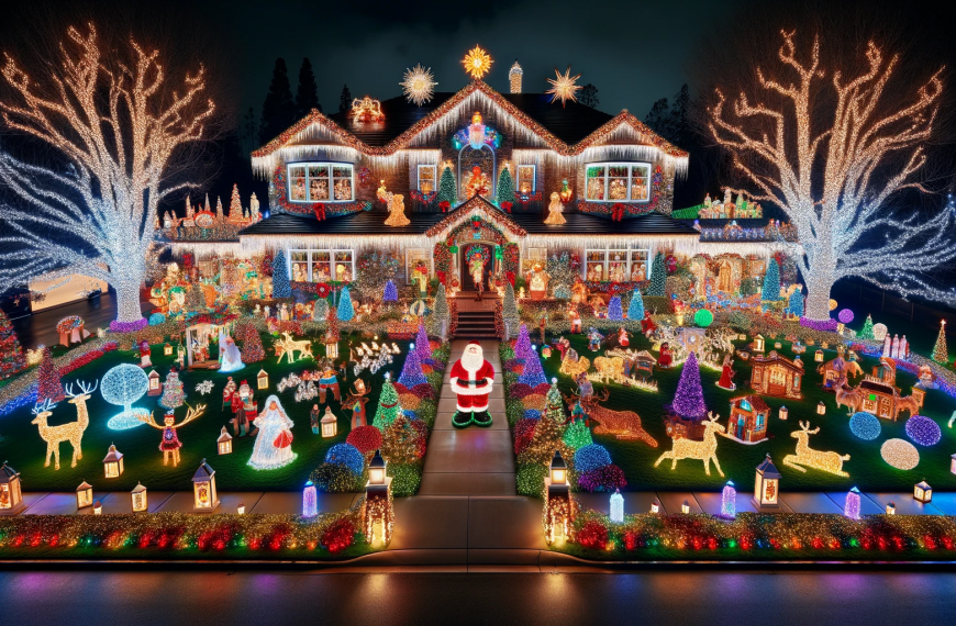 Christmas Lights on a House Yard and Trees at Night