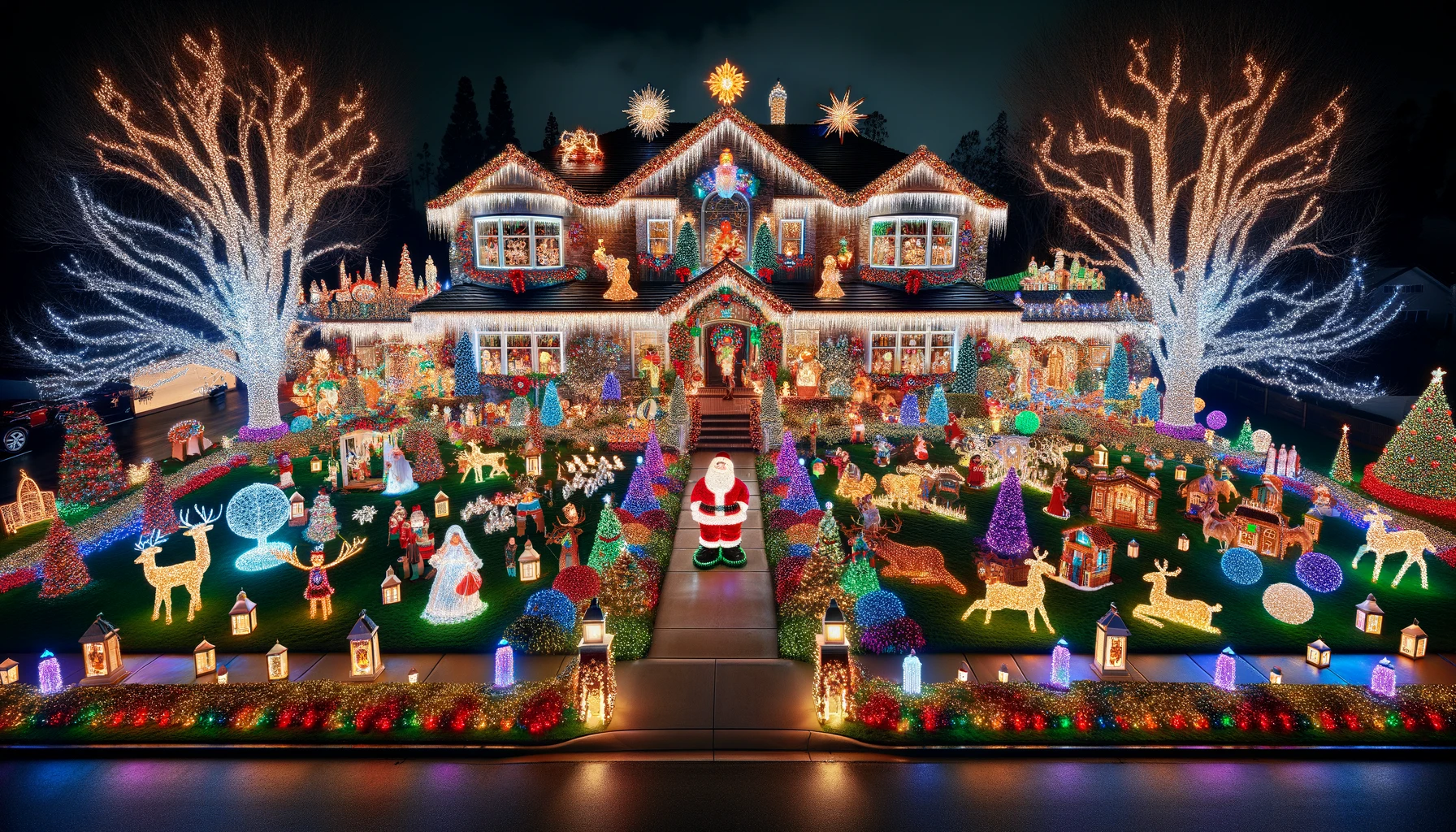 Christmas Lights on a House Yard and Trees at Night