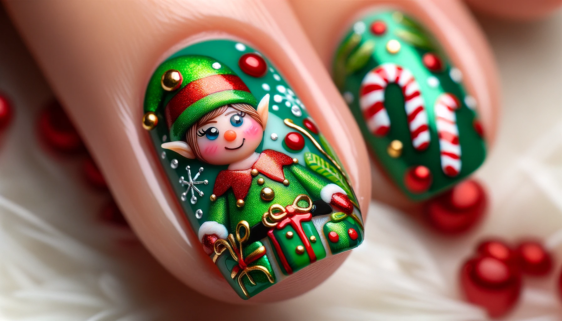 Christmas Nail Art Elf Presents Candy Cane