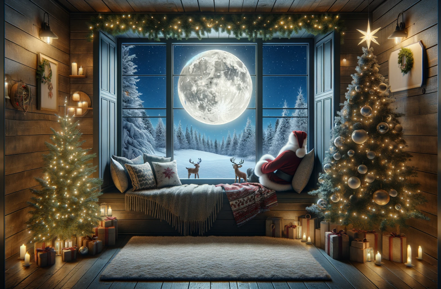 Christmas Snow Full Moon Window Cozy Night Santa