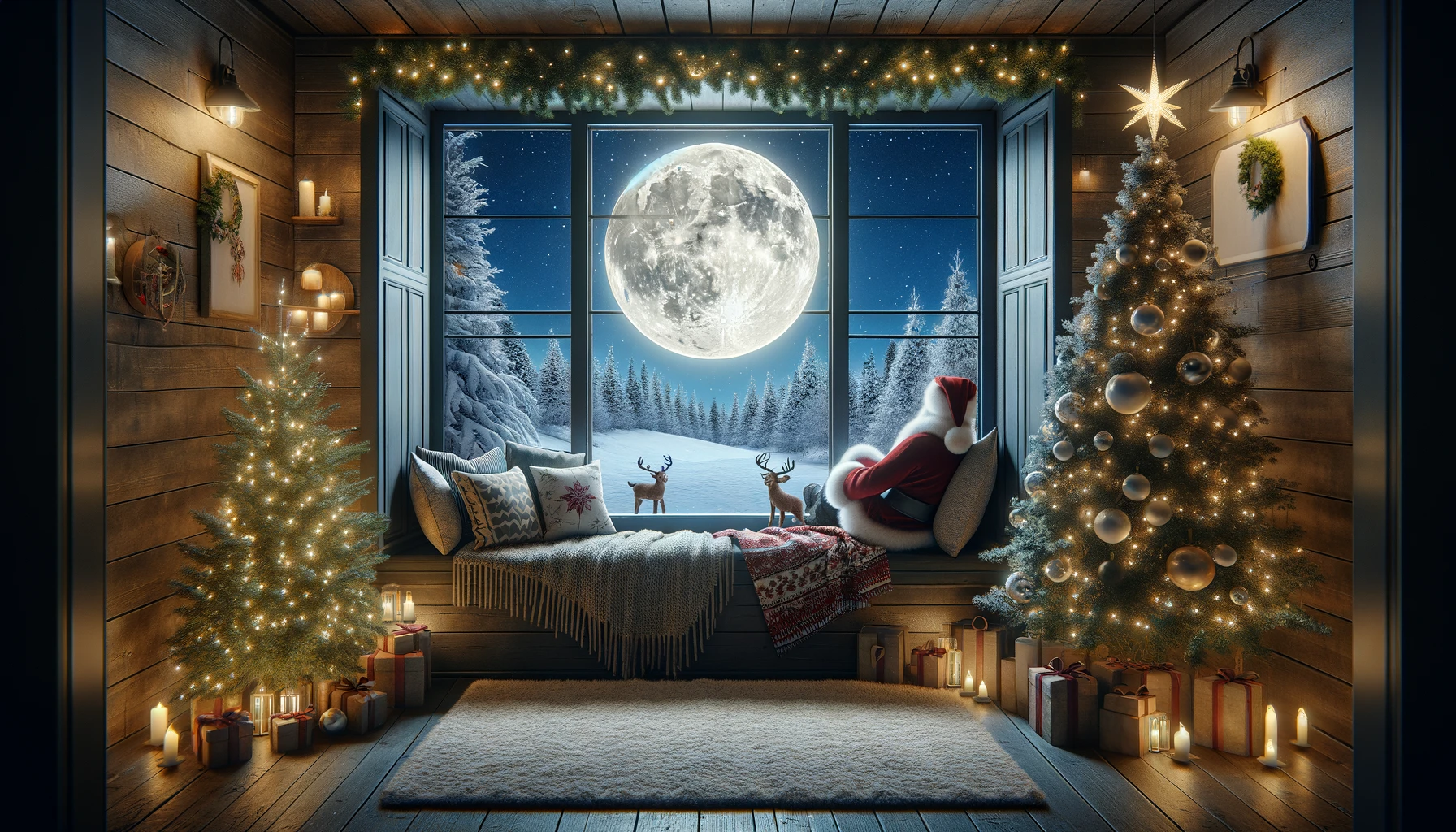 Christmas Snow Full Moon Window Cozy Night Santa