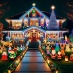 Christmas Lights Reindeer Santa Snowman on House at Night – FREE Image Download