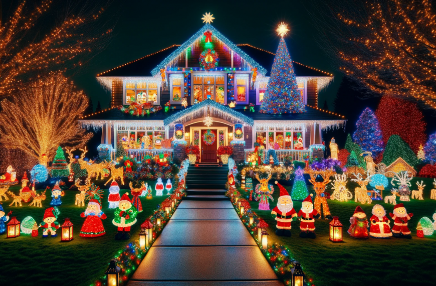 Colorful Christmas Lights on a House at Night