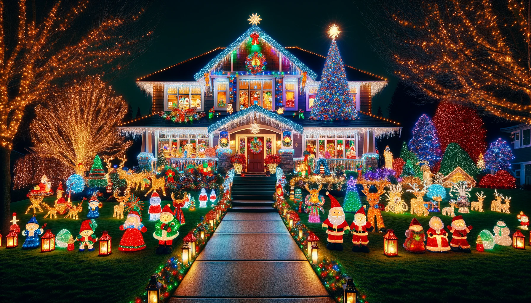 Colorful Christmas Lights on a House at Night