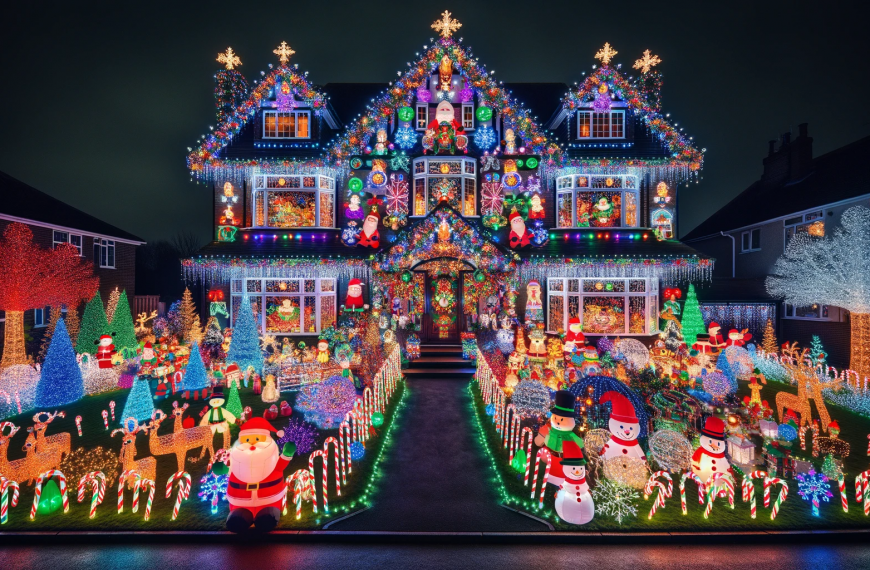 Colorful Display of Christmas Lights on a House at Night