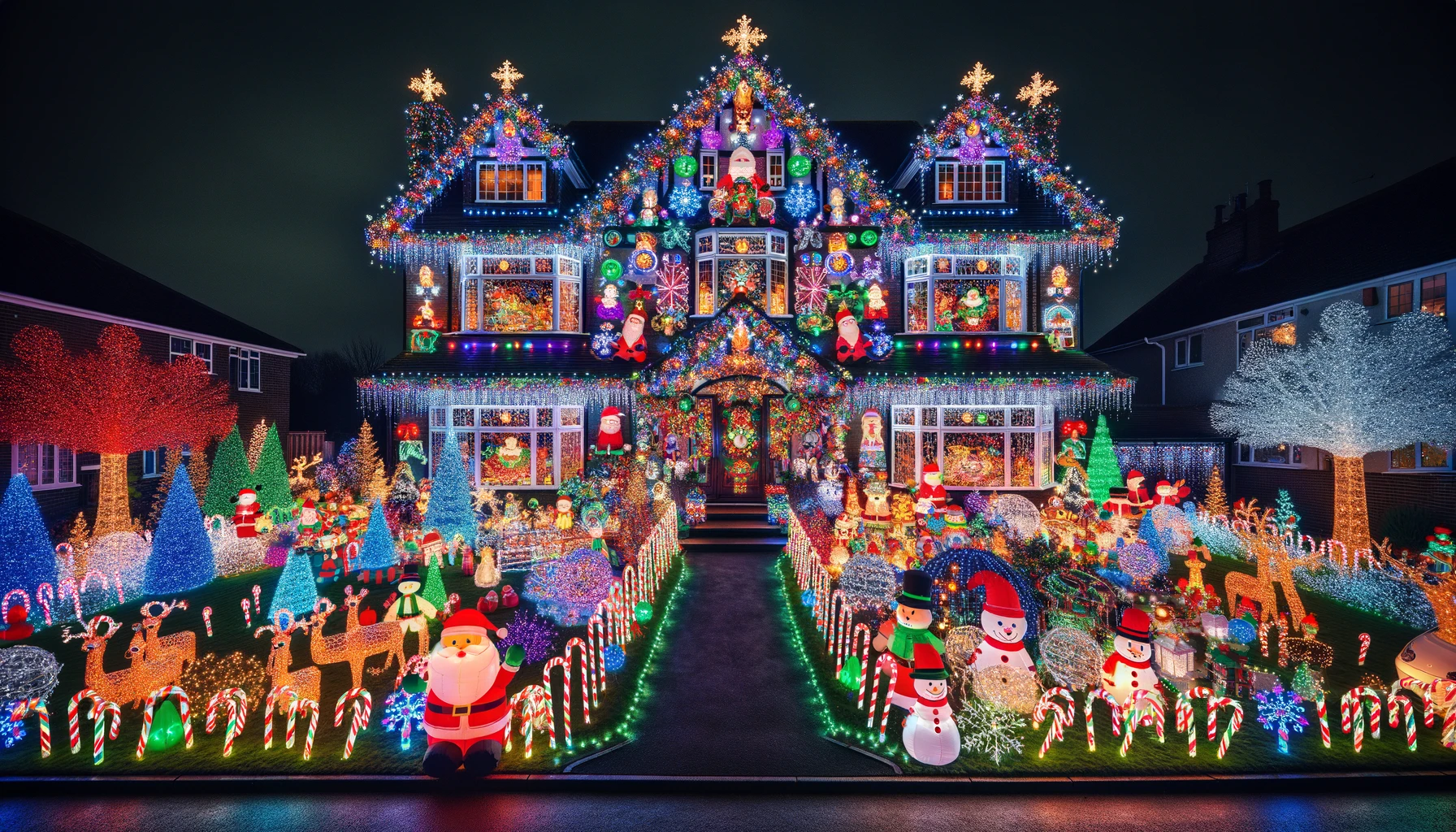 Colorful Display of Christmas Lights on a House at Night