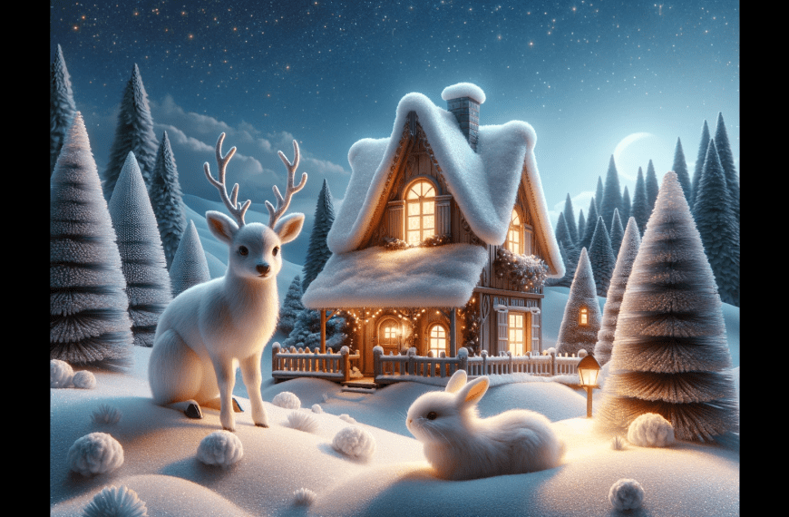 Cottage in the Snow with Rabbit