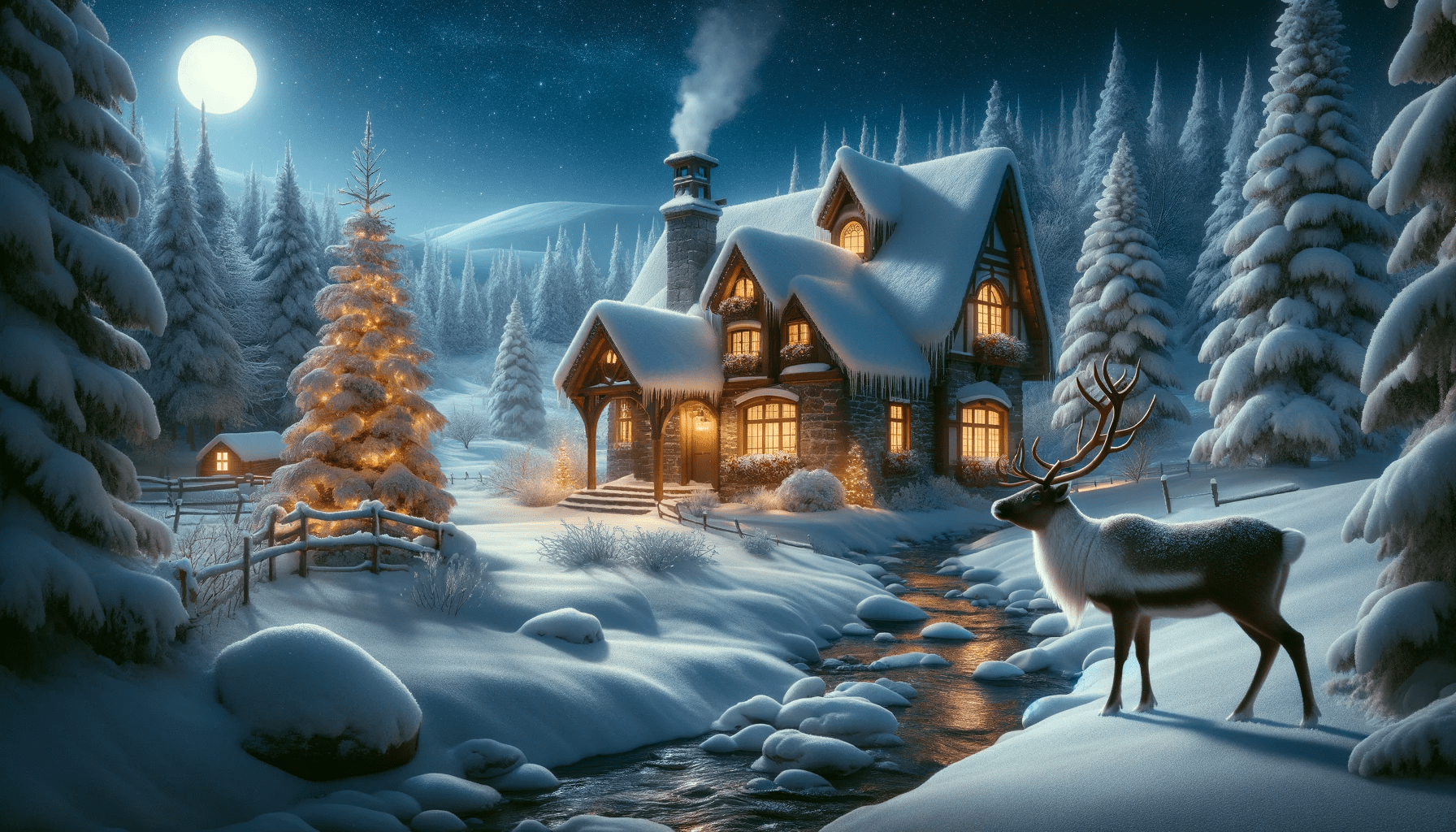 Cottage in the Snow with Reindeer