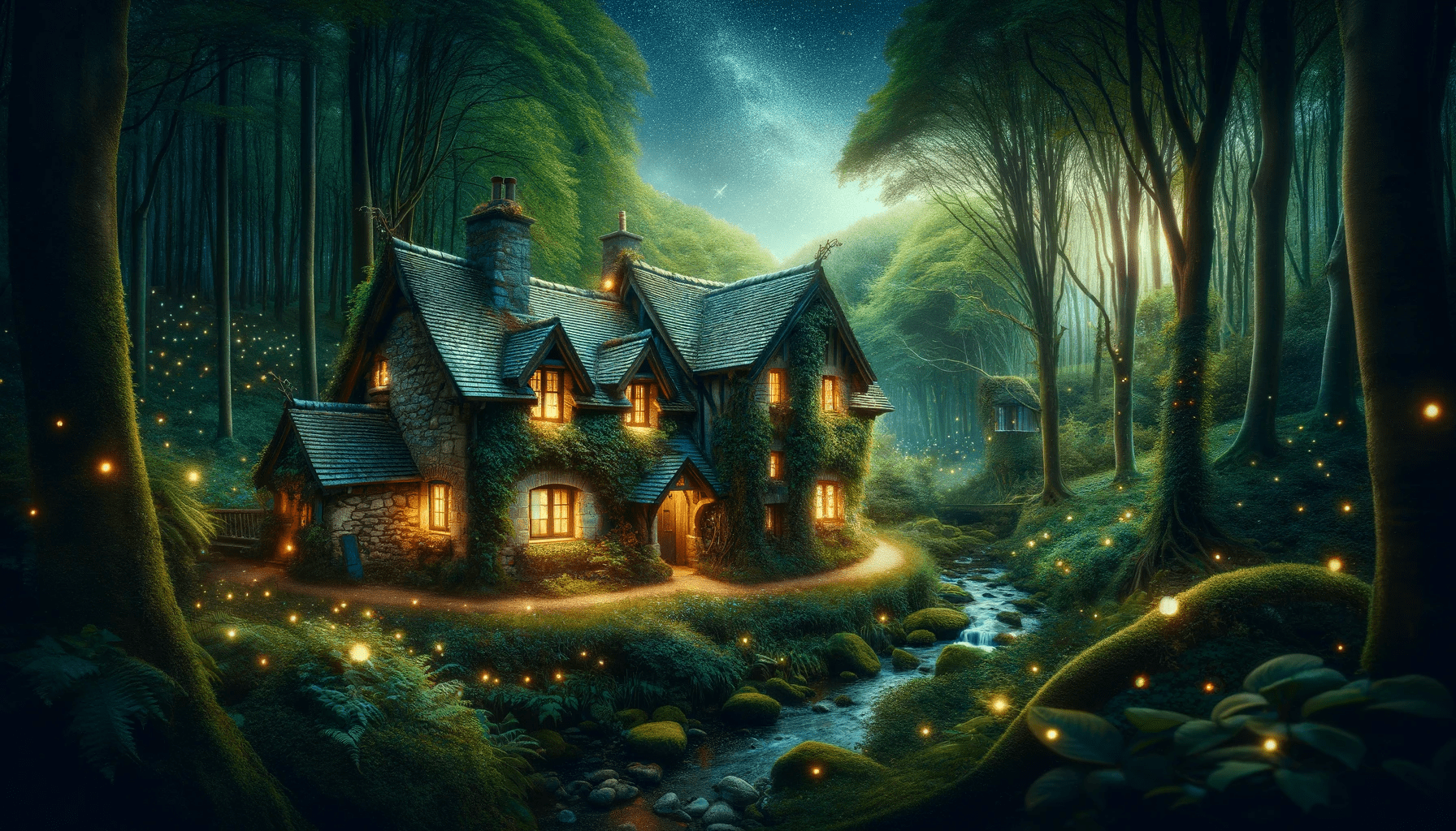 Cottage in the forest with Fireflies