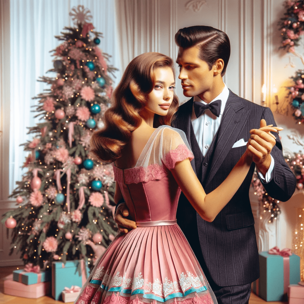 Couple dancing with Christmas tree