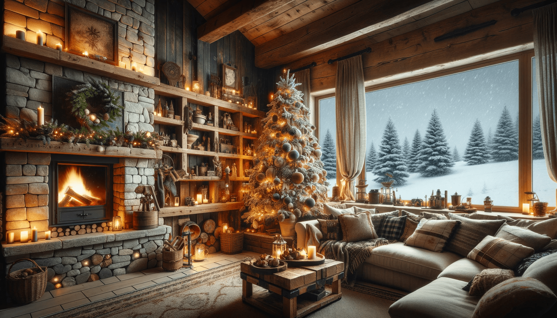 Cozy Cottage Christmas Living Room with Snow