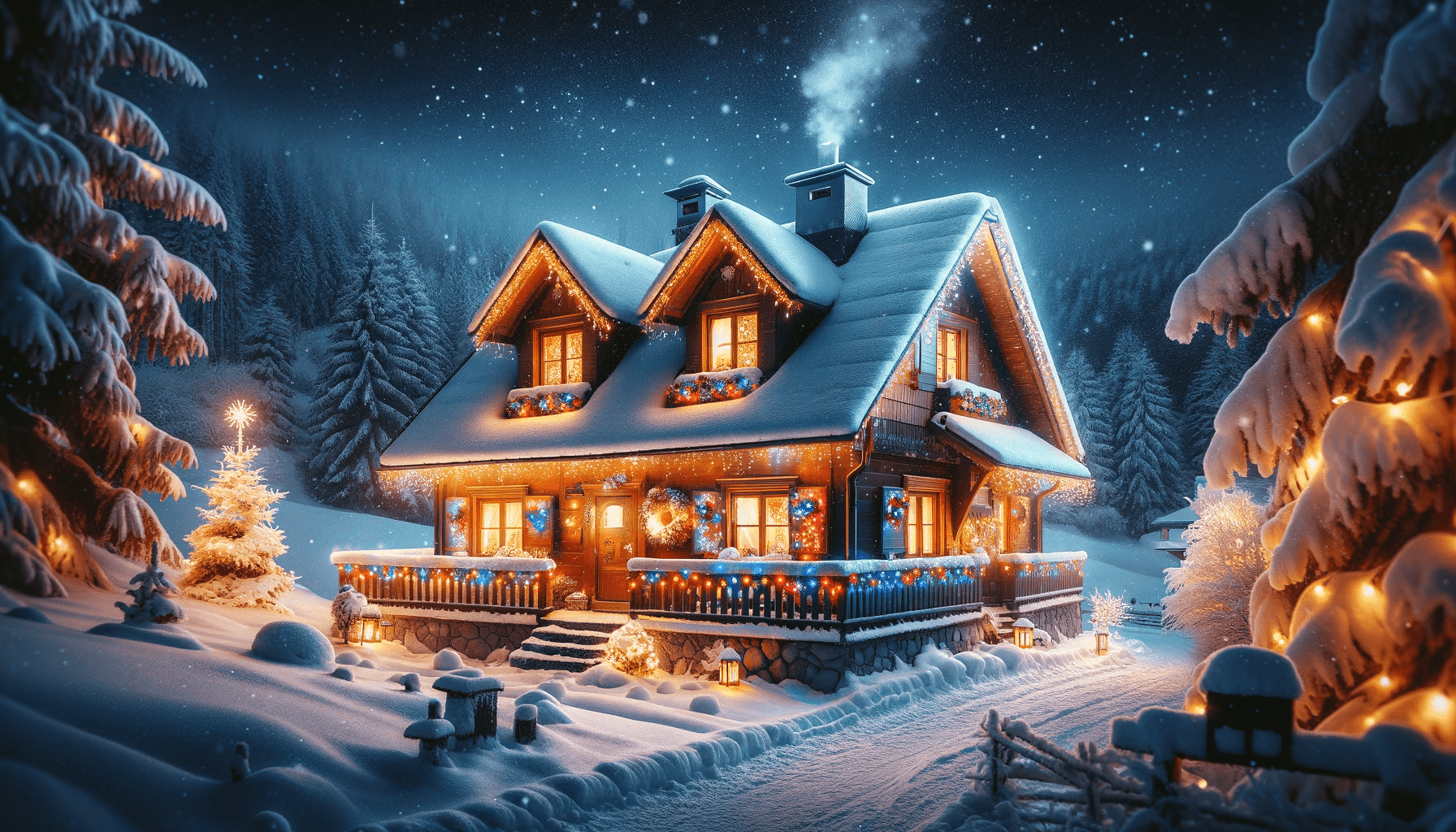 Cozy Cottage in the Snow with Christmas Lights