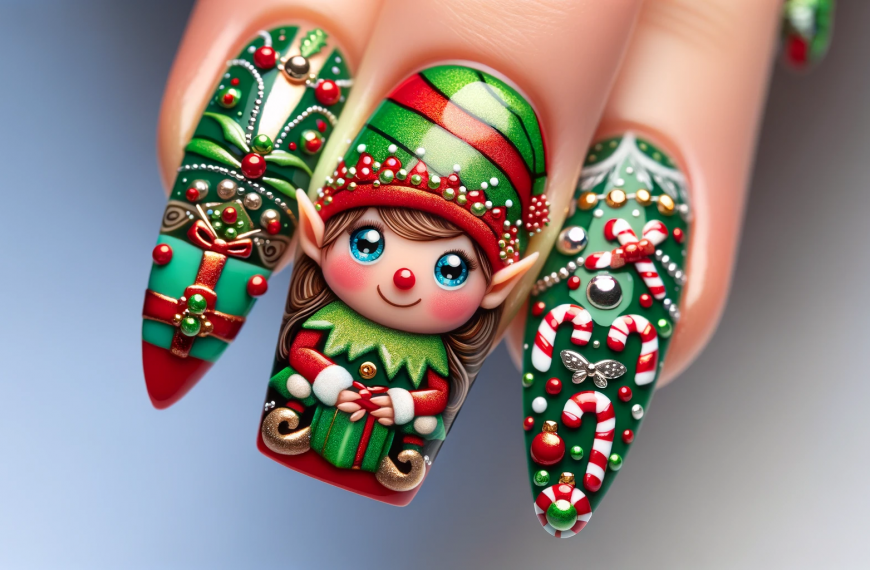 Cute Christmas Elf Candy Cane Nail Art