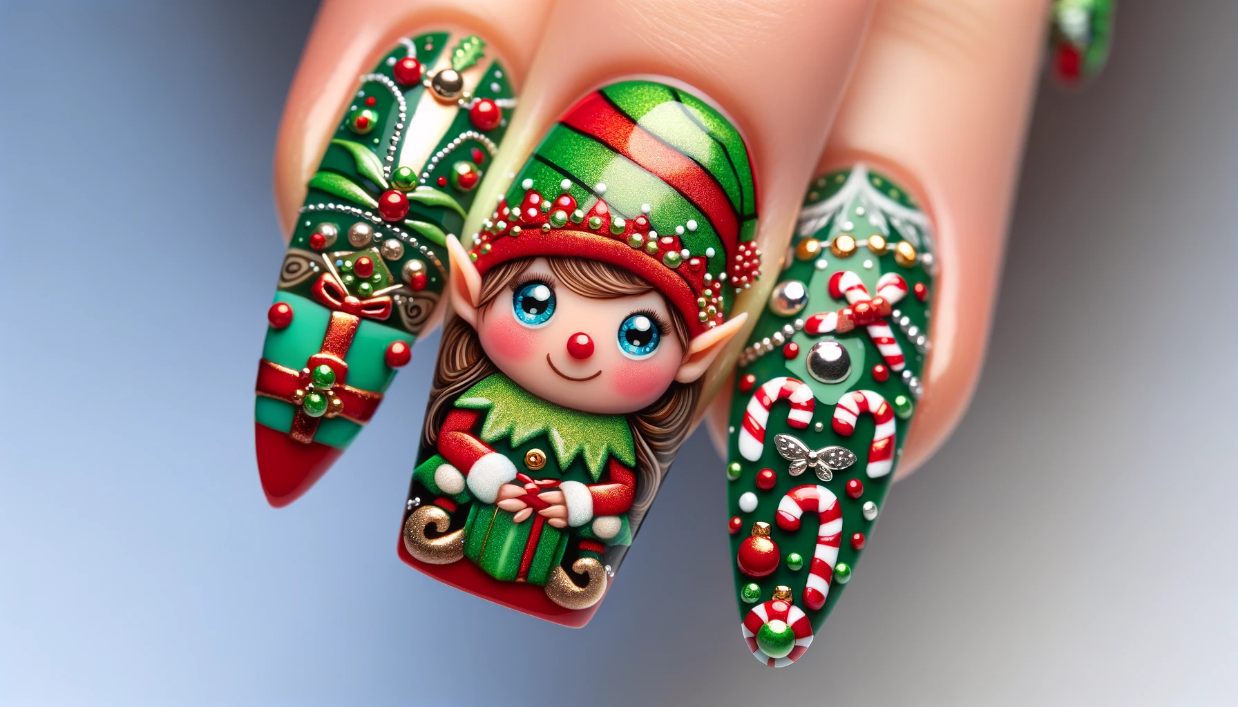 Cute Christmas Elf Candy Cane Nail Art