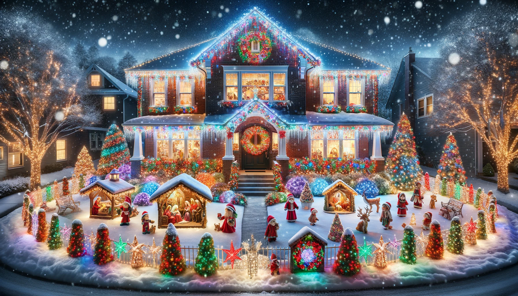 Elaborately Decorated Christmas House with Colorful Lights