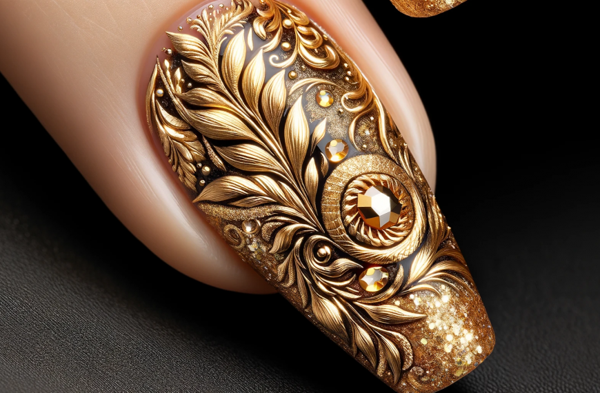 Elegant Gold and Black Ornate Nail Art