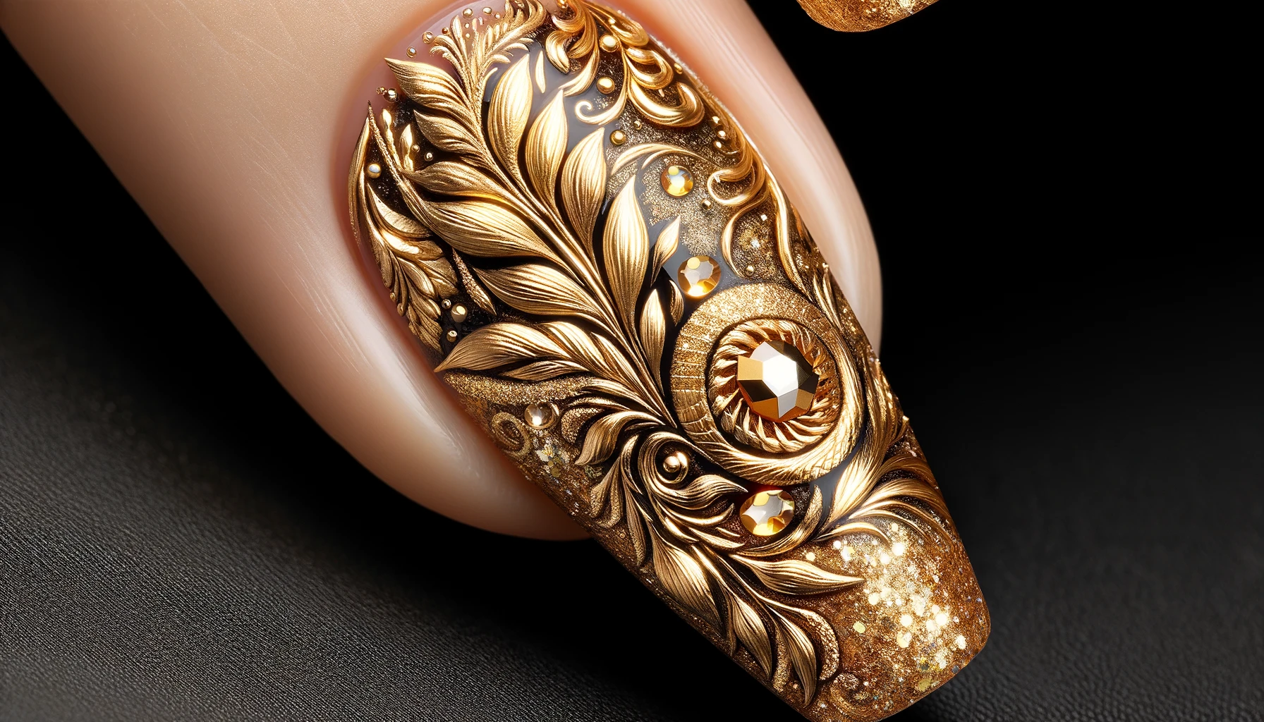 Elegant Gold and Black Ornate Nail Art