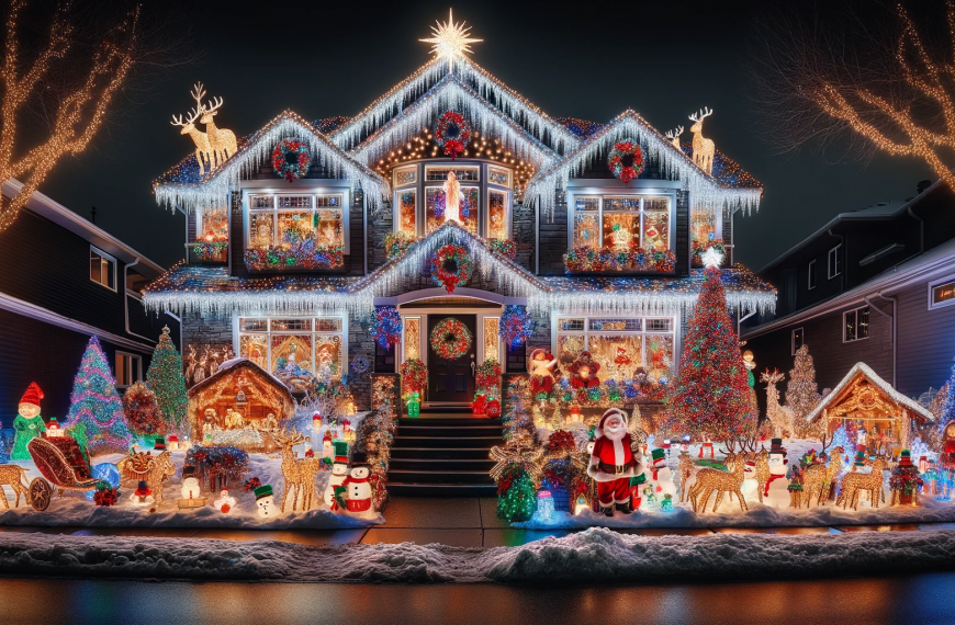 Extravagant Christmas Lights on a House at Night with Mangers