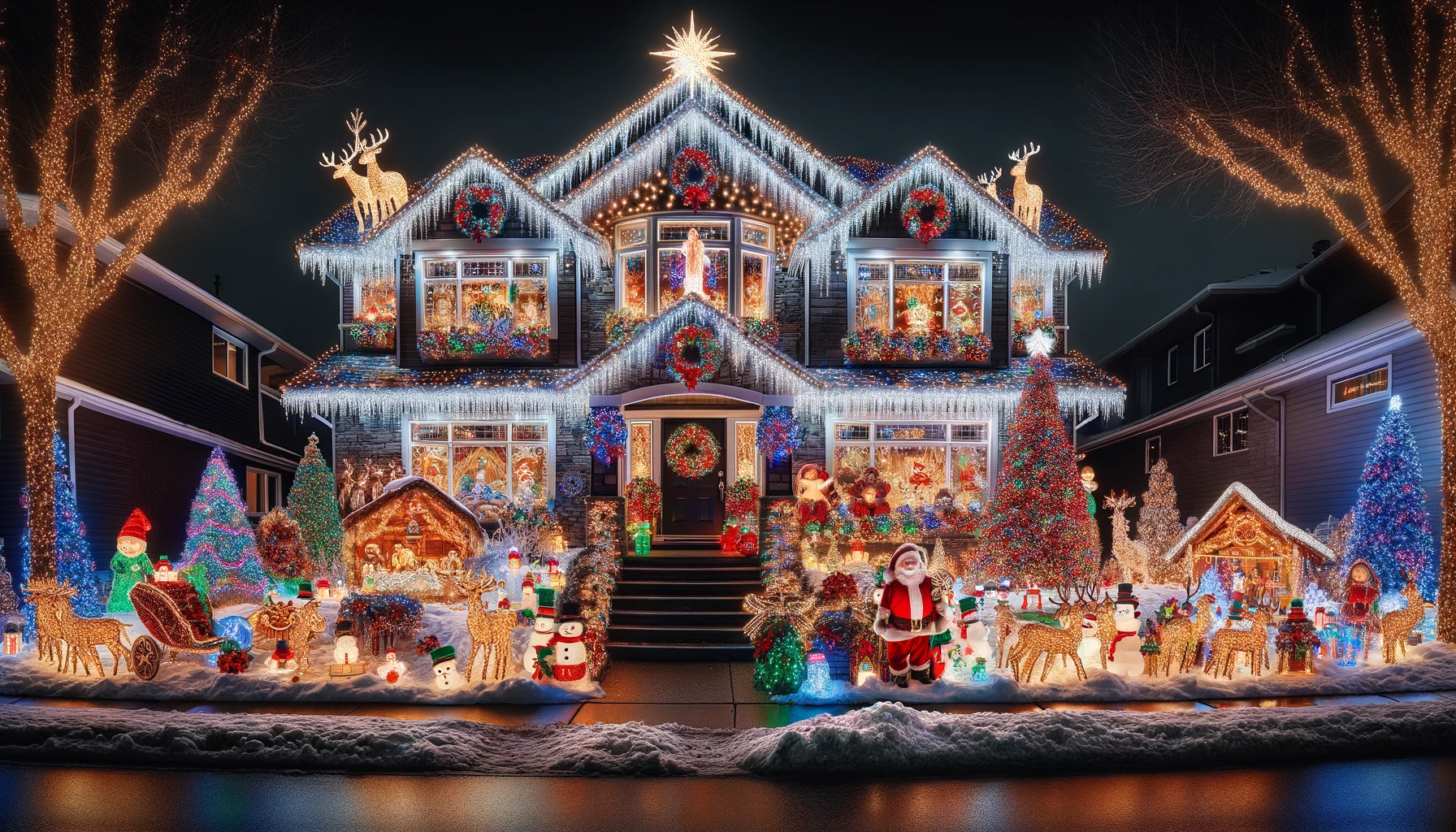 Extravagant Christmas Lights on a House at Night with Mangers